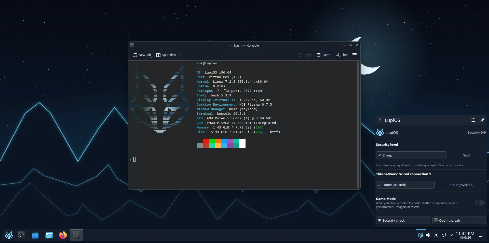 The LupiOS desktop: the Lines wallpaper, Konsole showing the wolf logo and system information, and the LupiOS panel open next to the clock with the security level, network trust and Game Mode.